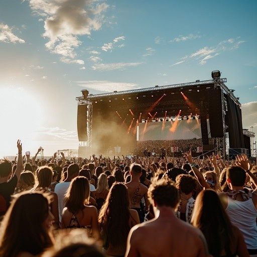 Stor konsert med tett publikum, scenelys og mange løftede armer